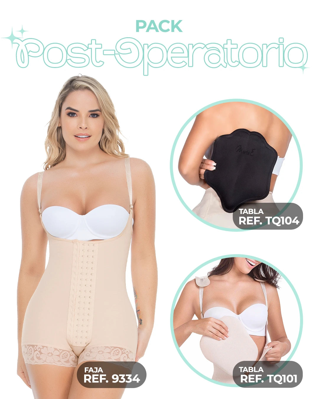 Pack postquirúrgico con faja colombiana de compresión máxima, tabla abdominal tipo pera y tabla lumbar. Ideal para moldear el cuerpo, evitar fibrosis y acelerar la recuperación tras cirugía o postparto.