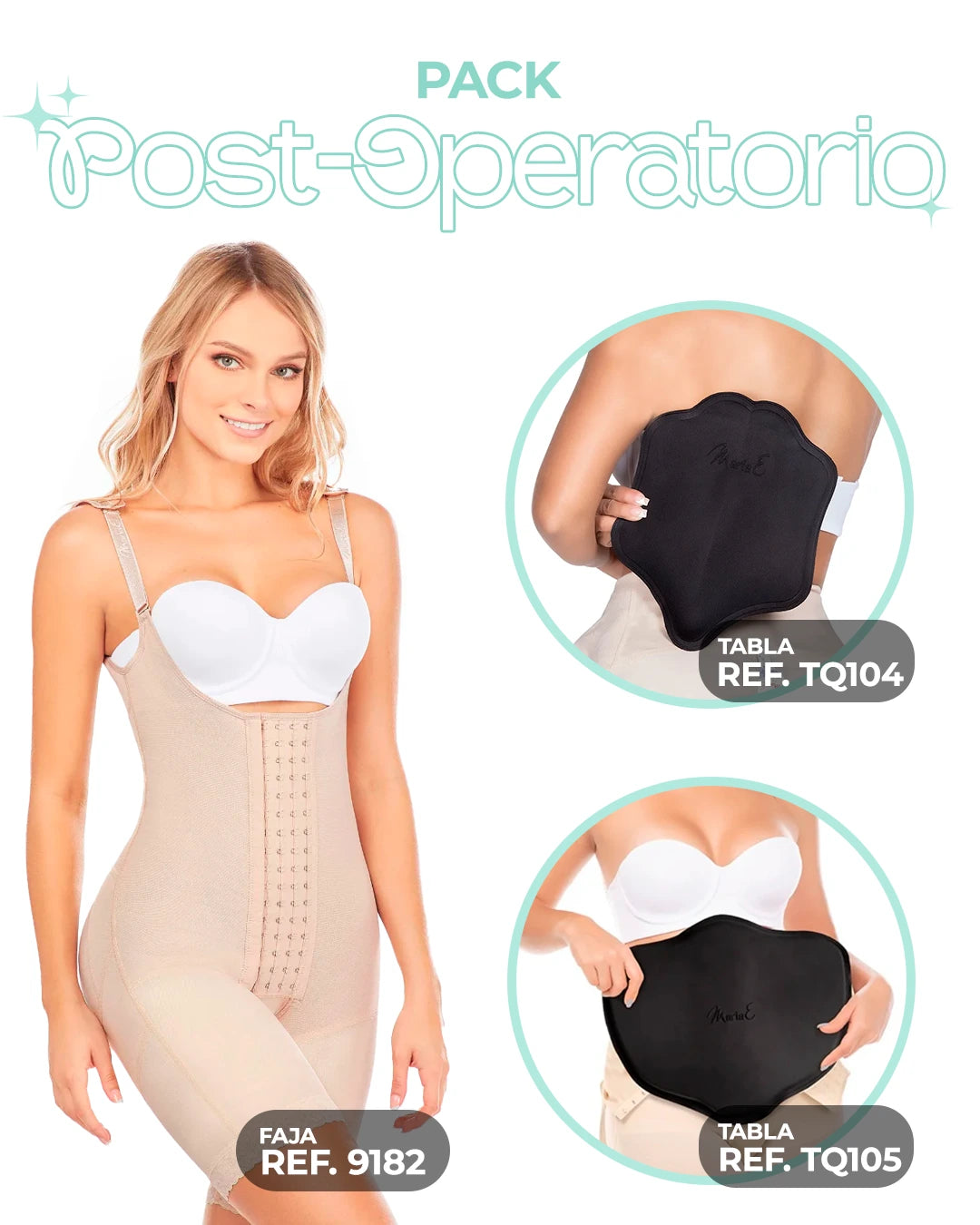 Pack postquirúrgico con faja colombiana 9182, tabla abdominal mariposa y tabla lumbar para recuperación estética, moldeado y prevención de fibrosis.