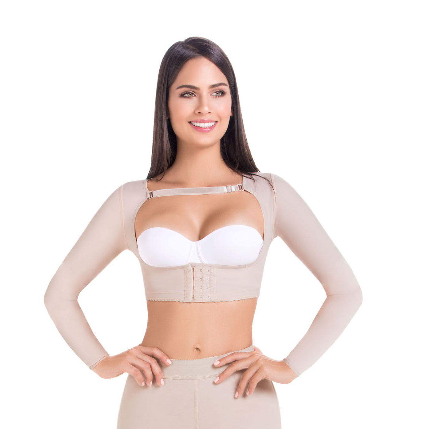 Chaleco postquirúrgico con mangas largas y corrector de postura, ideal para moldear brazos y espalda tras cirugía estética con compresión alta