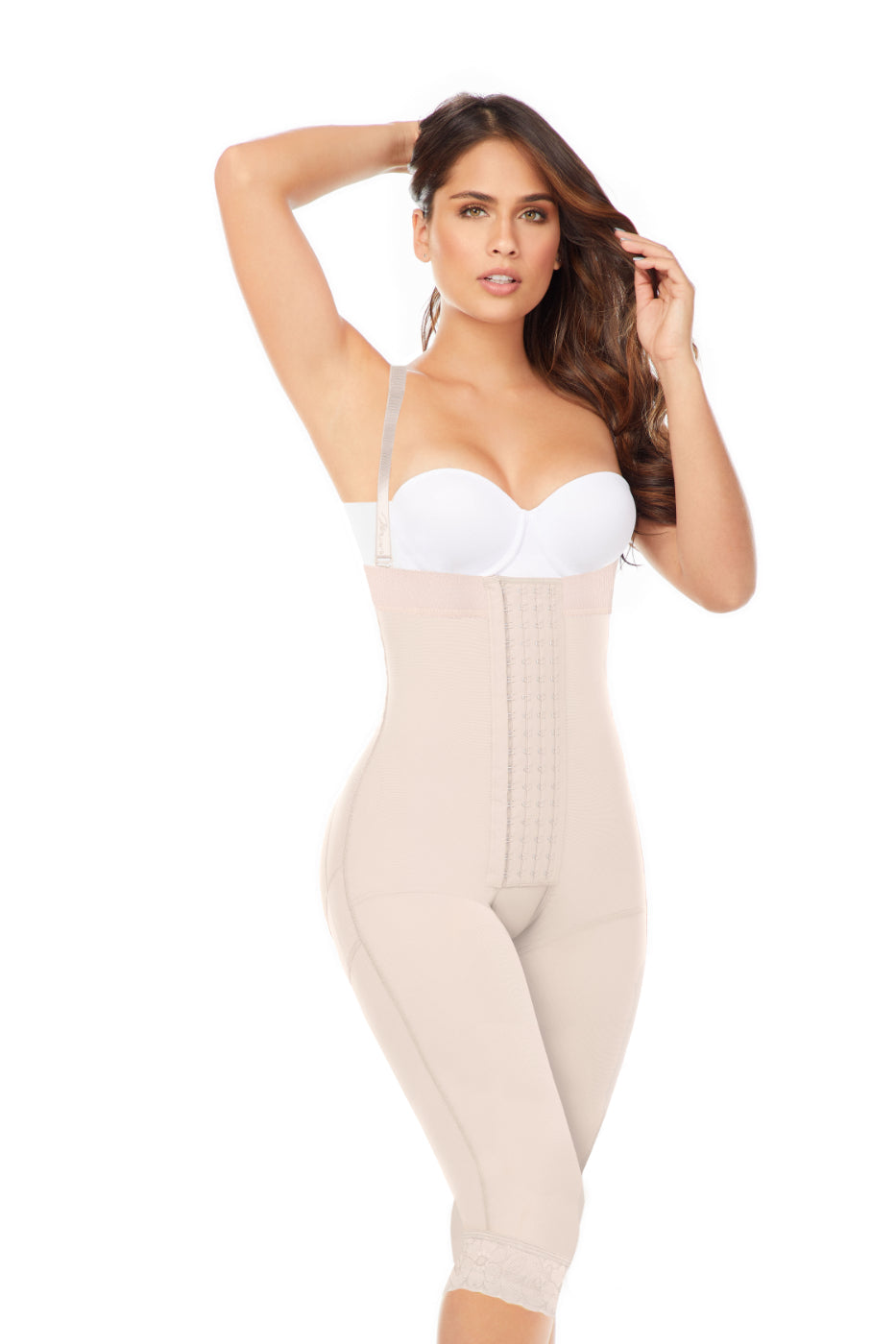 Faja Colombiana LC026 con alta compresión, ideal para postparto y postquirúrgico, realce de glúteos y cobertura hasta media pierna.