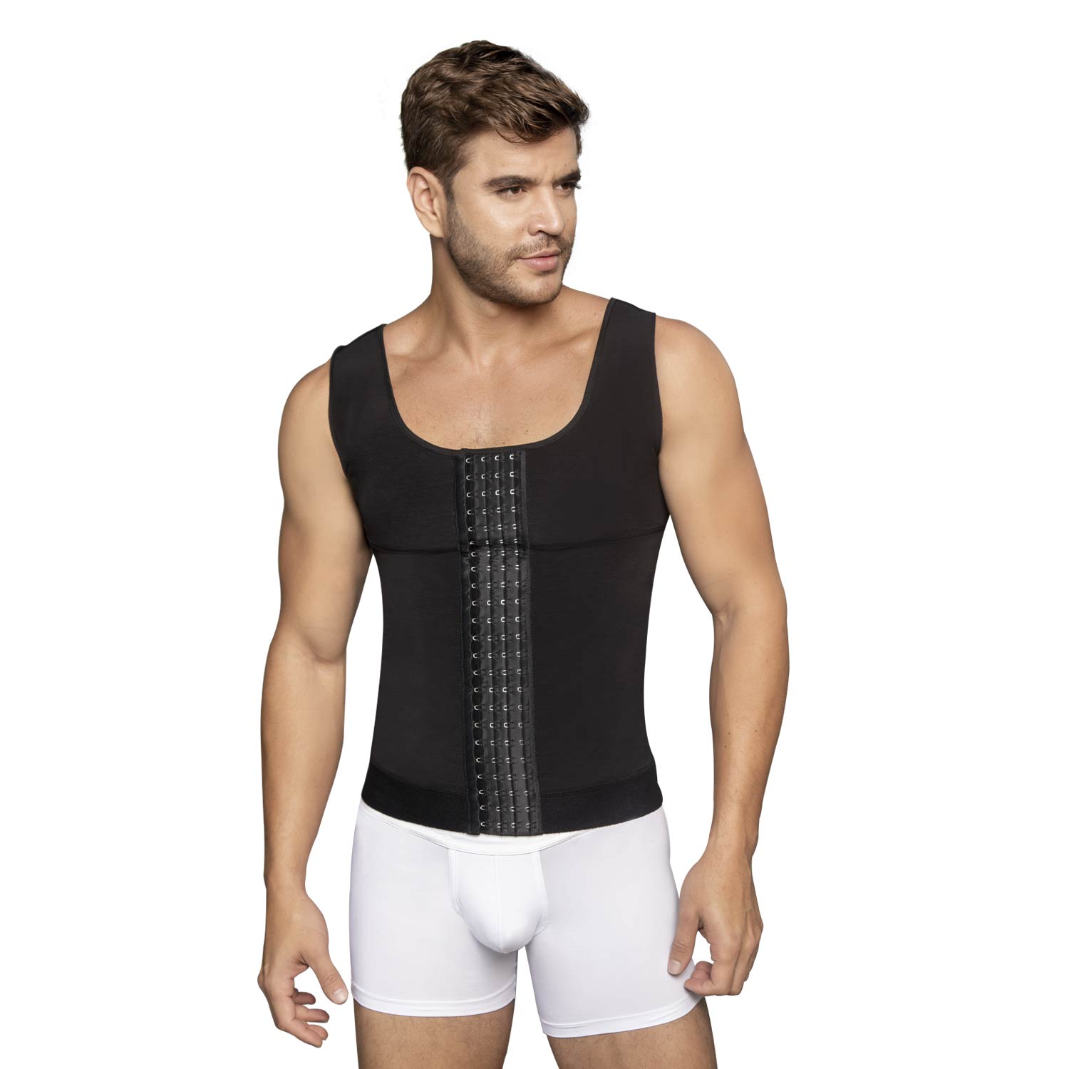 Faja tipo chaleco para hombre con compresión alta, ideal para corregir la postura y moldear abdomen y pecho tras una cirugía estética