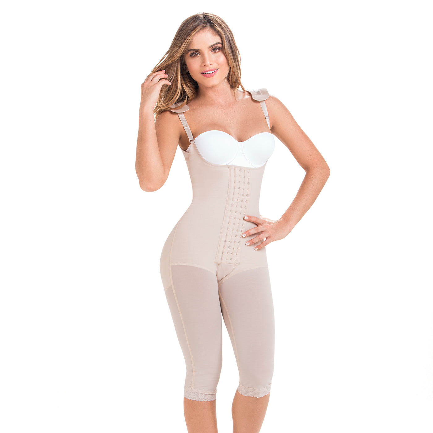 Faja colombiana 9152 con compresión máxima, cobertura total hasta rodilla y brazos, ideal para segunda etapa postoperatoria o postparto.