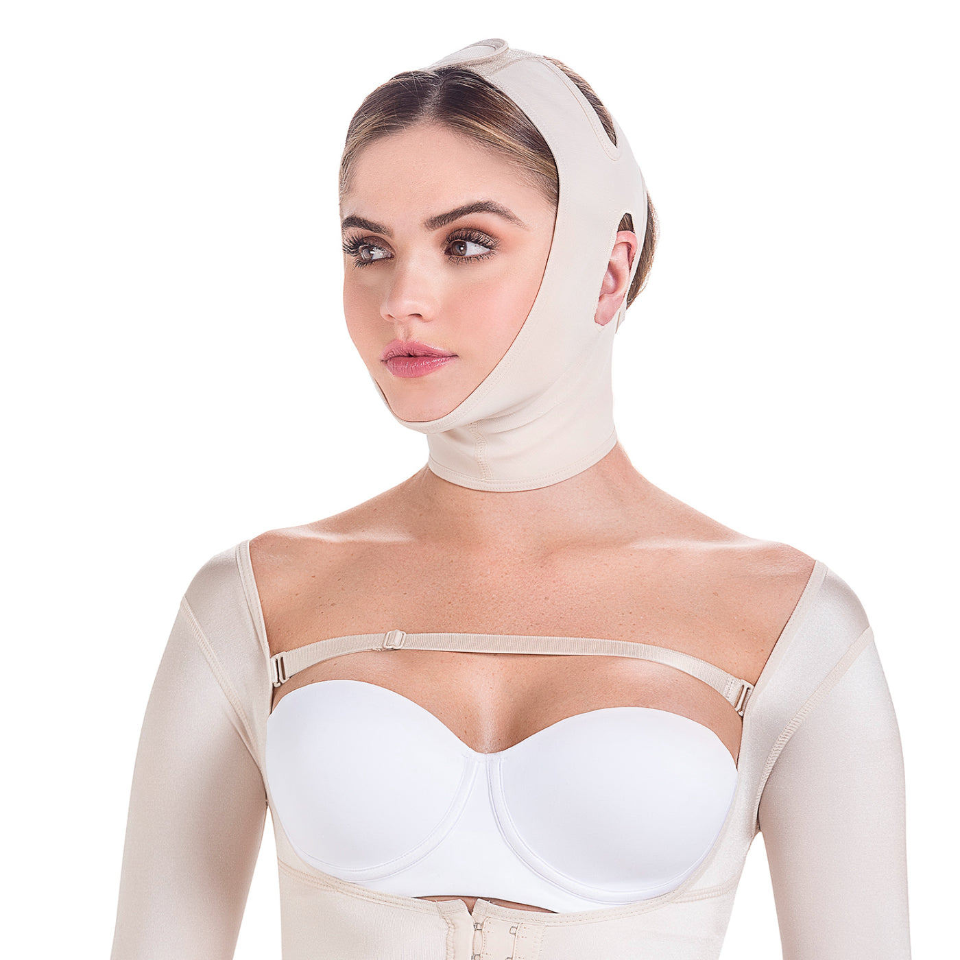 Mentonera postquirúrgica con máxima compresión, ideal para bichectomía, lipopapada o lifting facial, fabricada en Powernet con recubrimiento de algodón.